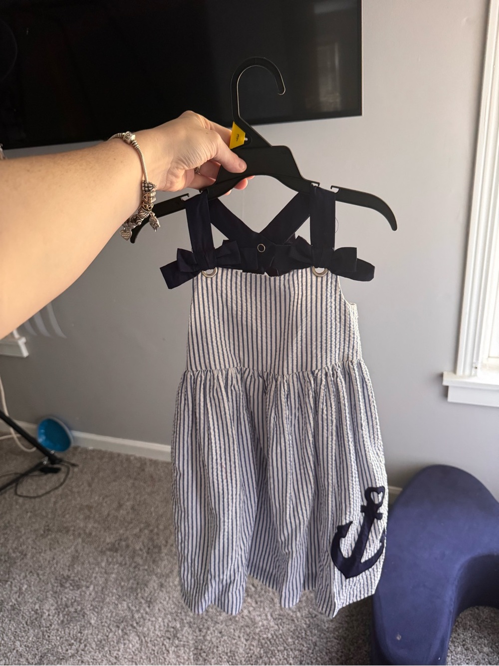 Girls Navy & White Striped Anchor Sundress